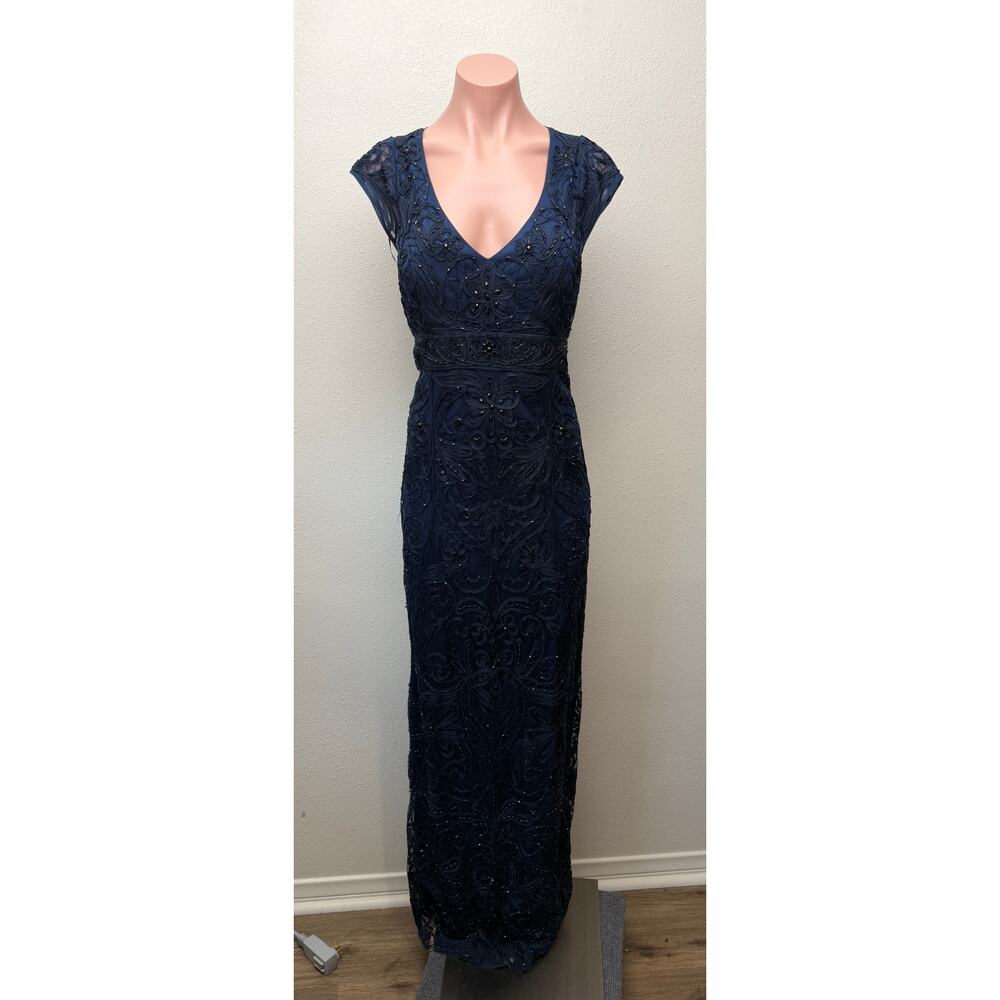 Sue Wong Navy Beaded Sequin Floral Dress US 14